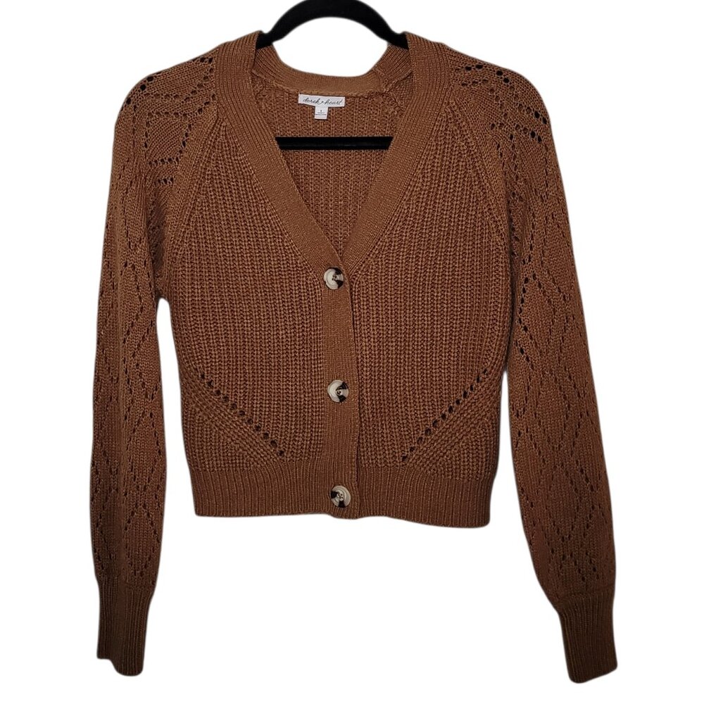 Derek Heart Cropped Cardigan Sweater Brown Open-Knit V-Neck Small Coquette